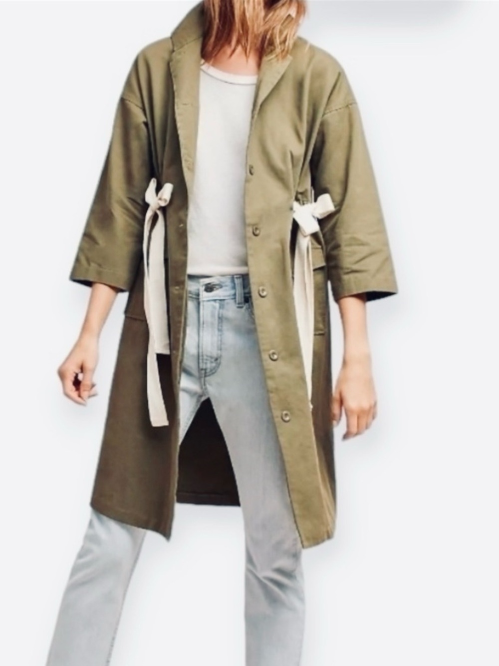 Anthropologie Harlyn Olive Army Green Bow Tie Long Utility Trench Cargo Jacket M